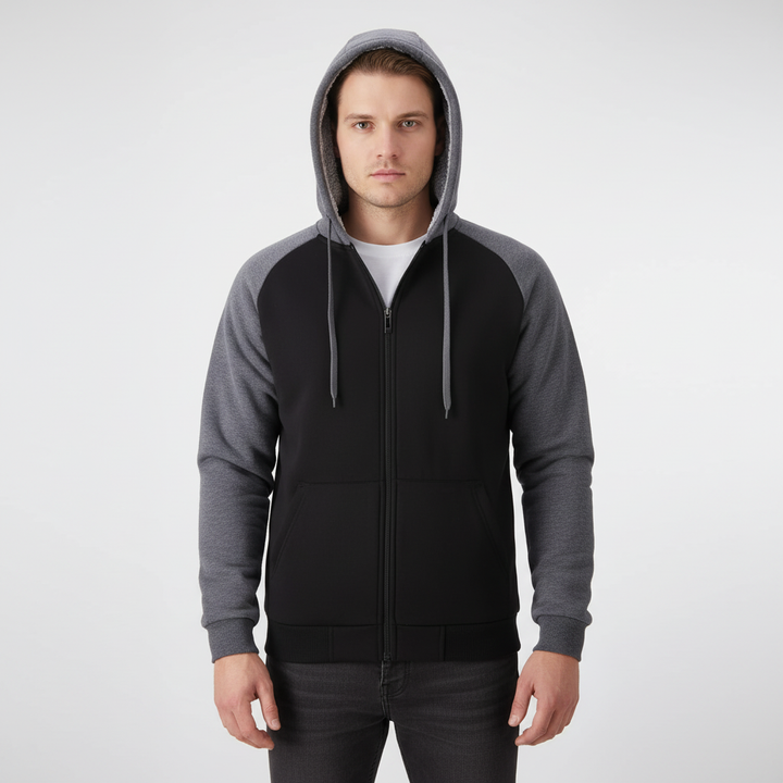 Warm men's pullover hoodie, sherpa lined, drawstring hood, side view
