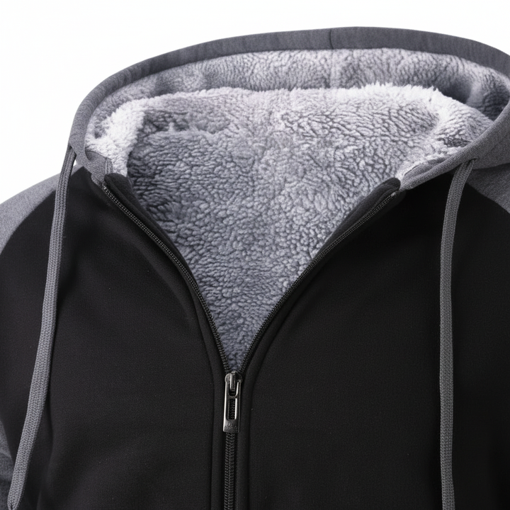 Casual men's winter wear, navy sherpa lined fleece hoodie, model shot