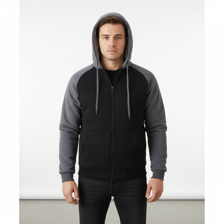 Grey men's sherpa lined pullover hoodie, close-up of soft inner lining