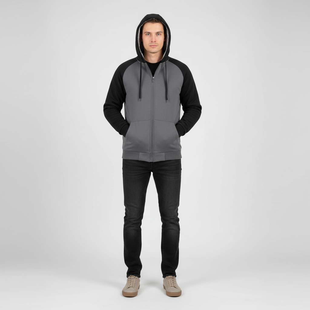 Men's outerwear fleece hoodie, sherpa-lined for warmth, relaxed fit