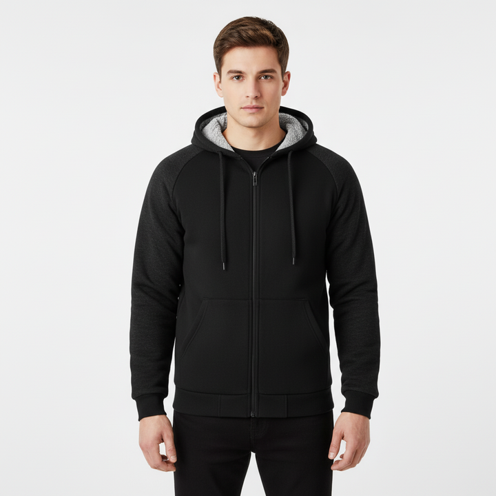 Tan men's pullover sherpa hoodie, ideal casual winter wear, front pocket