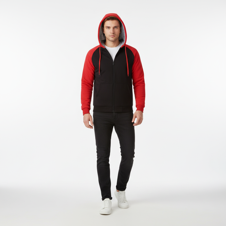 Stylish men's sherpa lined hoodie, durable design, perfect for cold weather