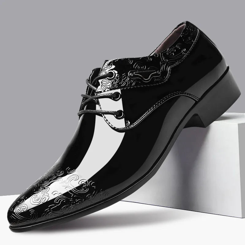 Men's shining black lace-up Oxford dress shoes for formal events & elegant style.