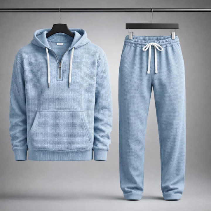 Men's Shoreline Waffle-Knit Comfort Set. Cozy grey men's loungewear with quarter-zip hoodie & joggers.