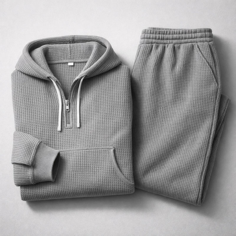 Men's Waffle Knit Hoodie & Joggers. A complete comfortable set for men, perfect for casual fashion & relaxation.