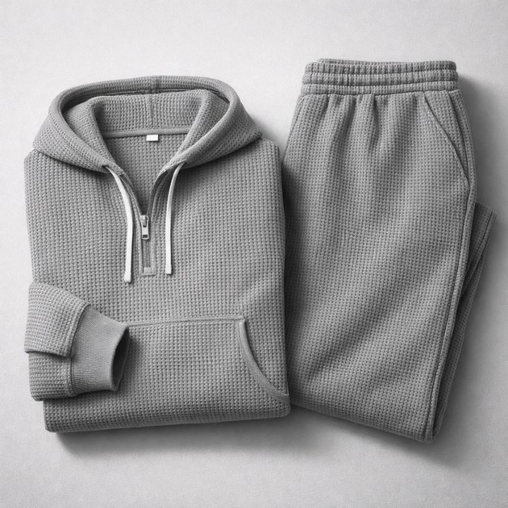 Men's Waffle Knit Hoodie & Joggers. A complete comfortable set for men, perfect for casual fashion & relaxation.