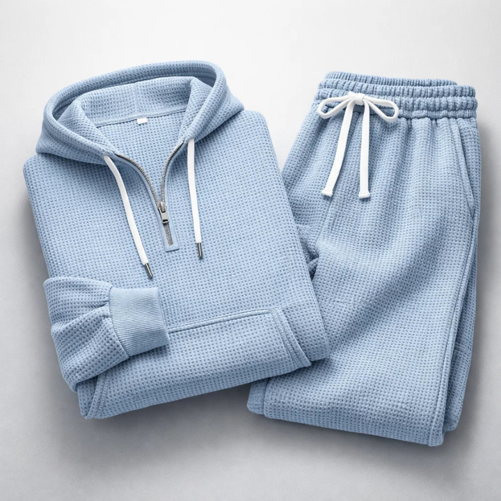 Men's Waffle Knit Quarter-Zip Hoodie. Close-up of the grey comfort wear top, ideal for relaxation & leisure.