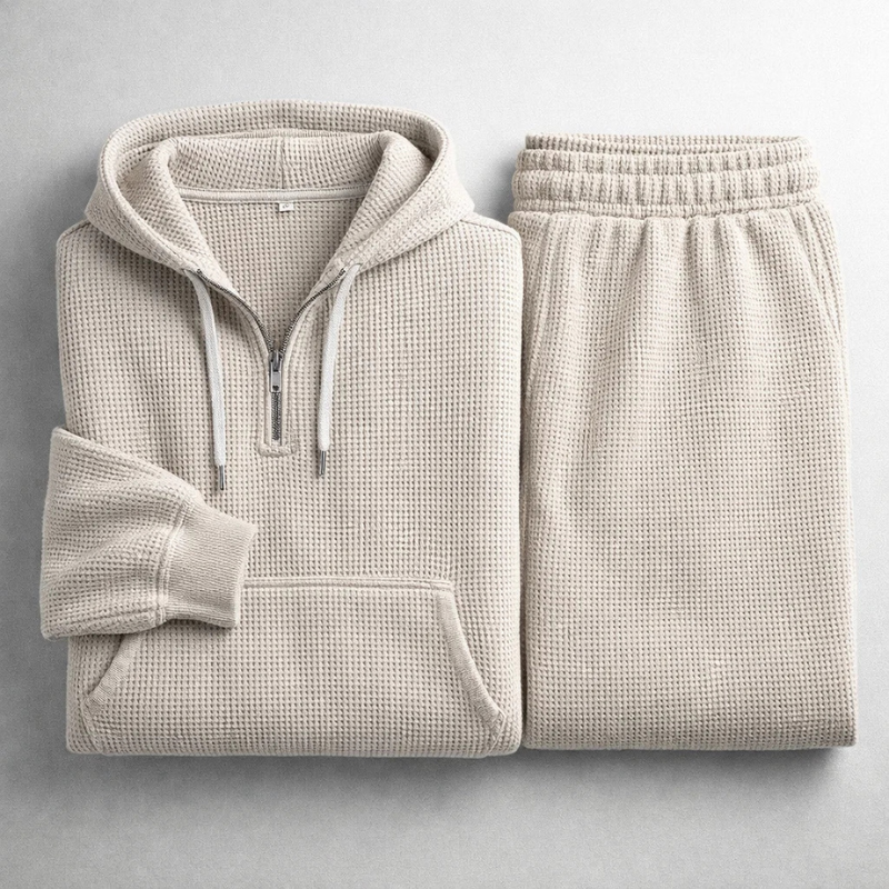 Textured Men's Waffle Knit Fabric. Close-up of the soft, breathable material of the Shoreline comfort set.