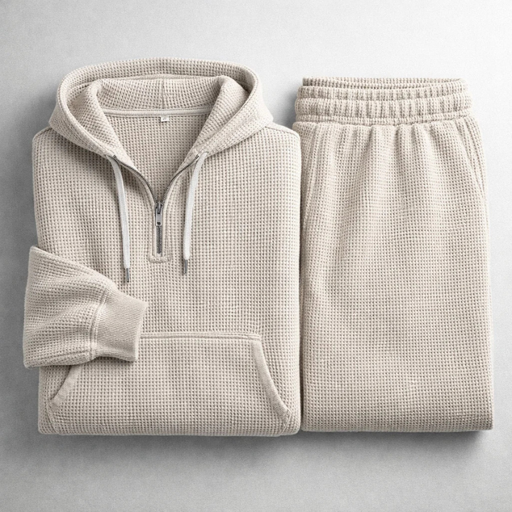Textured Men's Waffle Knit Fabric. Close-up of the soft, breathable material of the Shoreline comfort set.