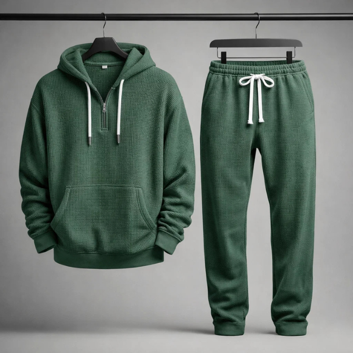 Full View Men's Grey Waffle Knit Set. Matching hoodie and joggers, perfect men's casual comfort wear.