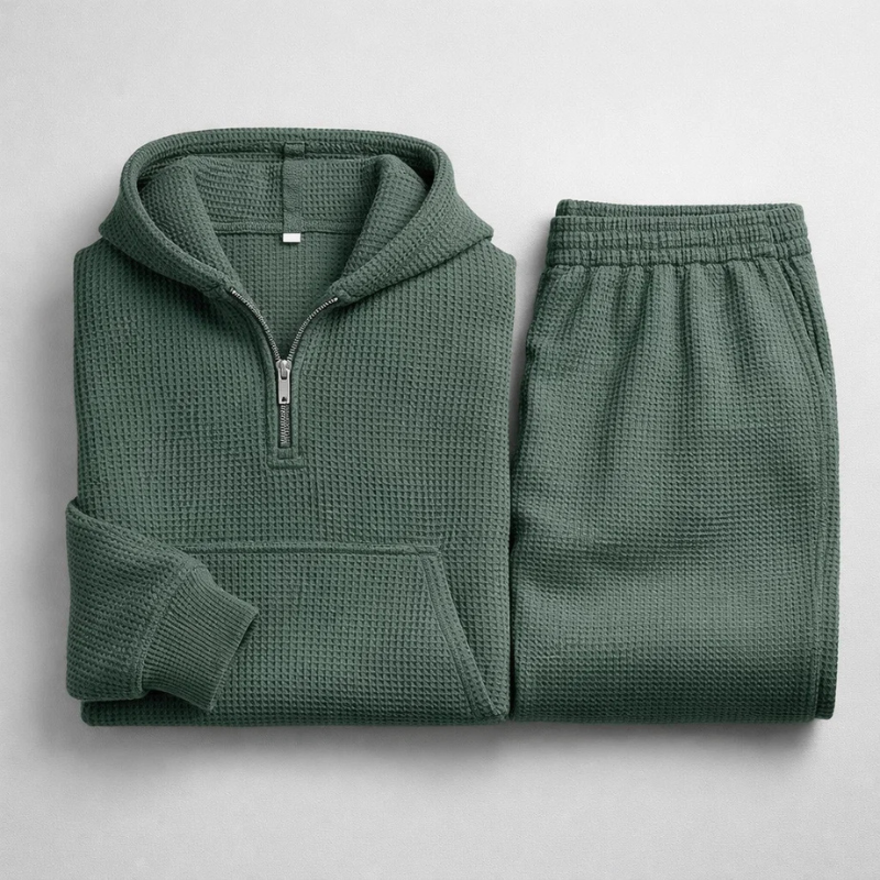 Stylish Men's Loungewear Set. Comfortable black waffle knit hoodie & joggers, versatile for home or errands.