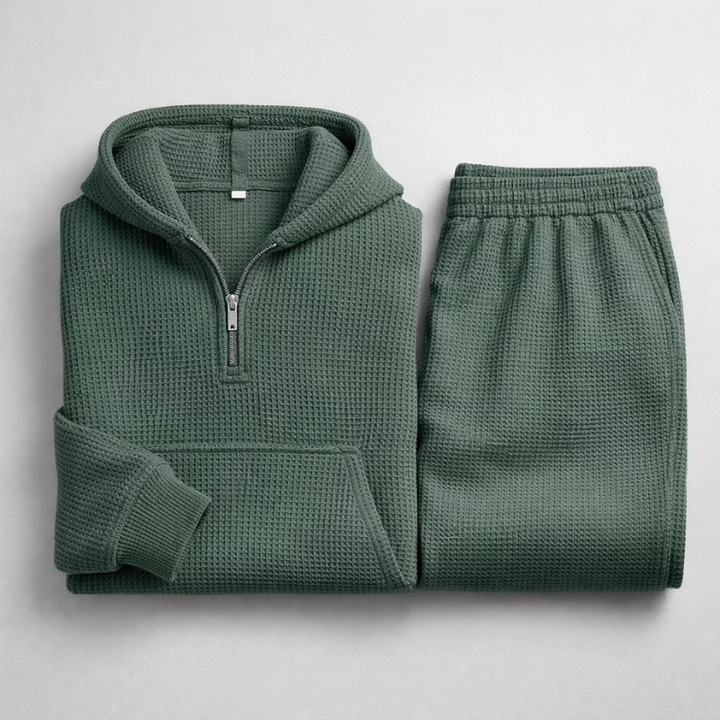 Stylish Men's Loungewear Set. Comfortable black waffle knit hoodie & joggers, versatile for home or errands.