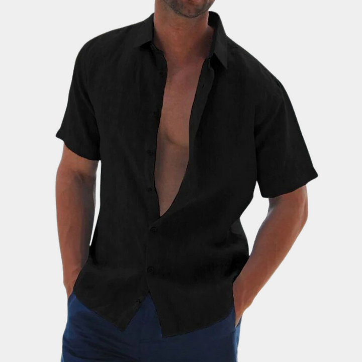 Men's short sleeve casual button-up shirt. Lightweight linen for comfortable summer and warm weather fashion.