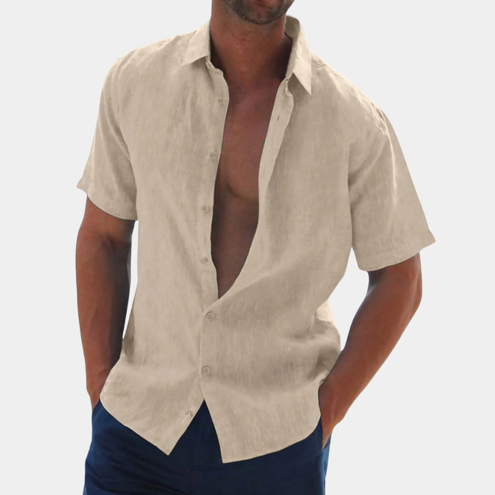 Classic men's short sleeve linen button-up shirt. Perfect casual wear for sunny days and versatile style.