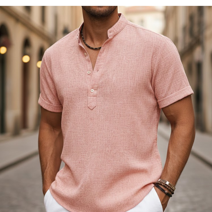 Men's short sleeve Henley polo shirt in a relaxed fit for summer comfort. Lightweight and breathable casual wear.
