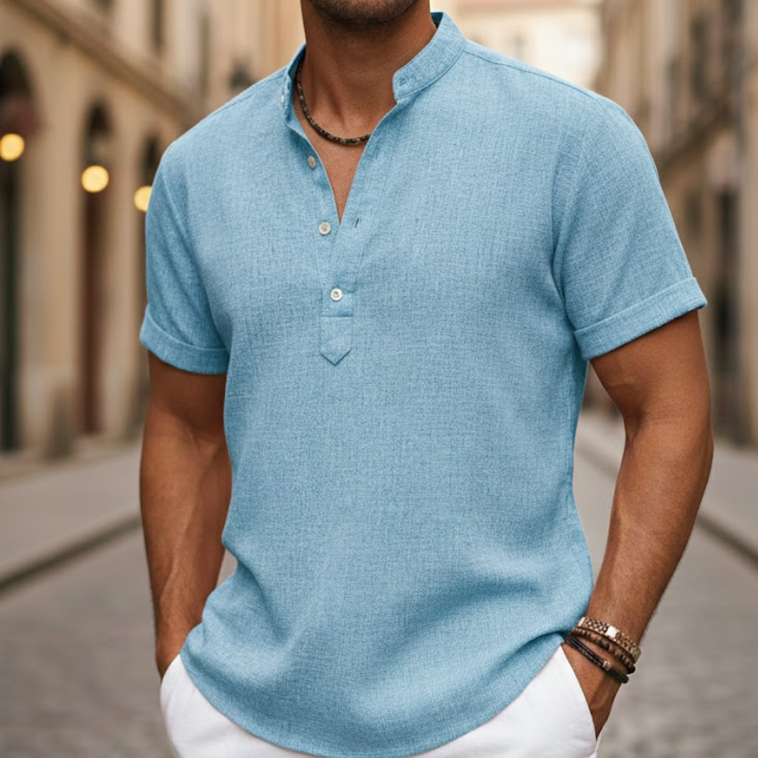 Stylish men's summer Henley shirt. Comfortable short sleeve polo, perfect for everyday casual wear.