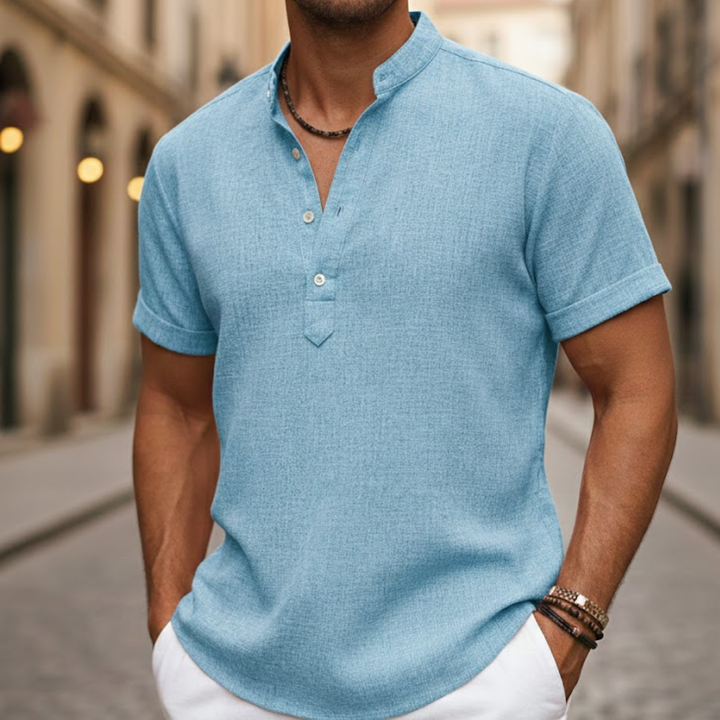 Stylish men's summer Henley shirt. Comfortable short sleeve polo, perfect for everyday casual wear.