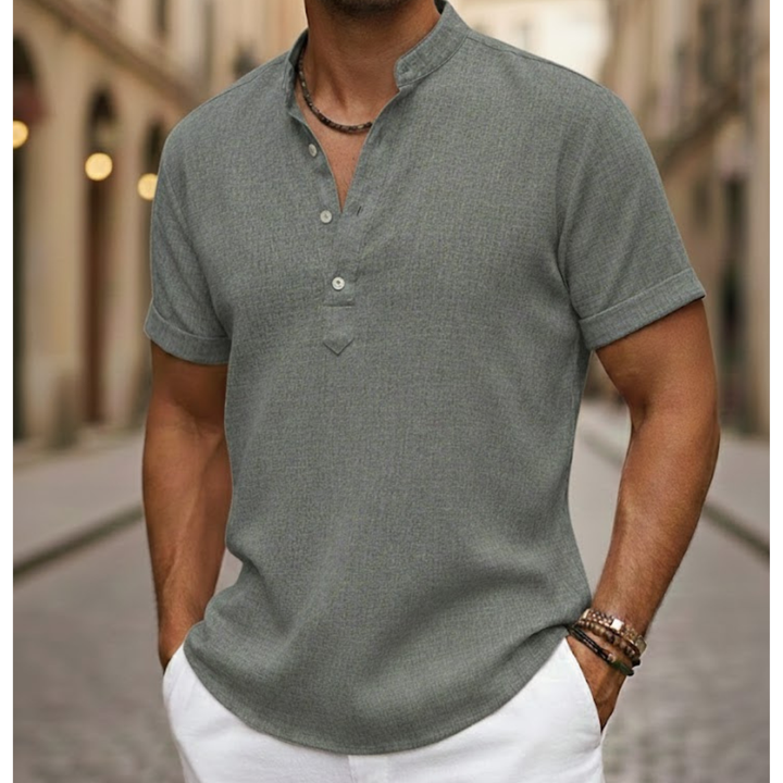 Casual men's short sleeve Henley shirt. Ideal lightweight polo for summer style & everyday comfort.