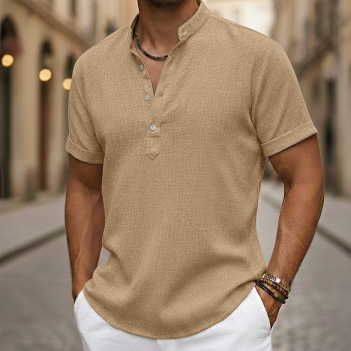 Versatile men's Henley polo shirt. Short sleeve, relaxed fit, and breathable for summer casual wear.