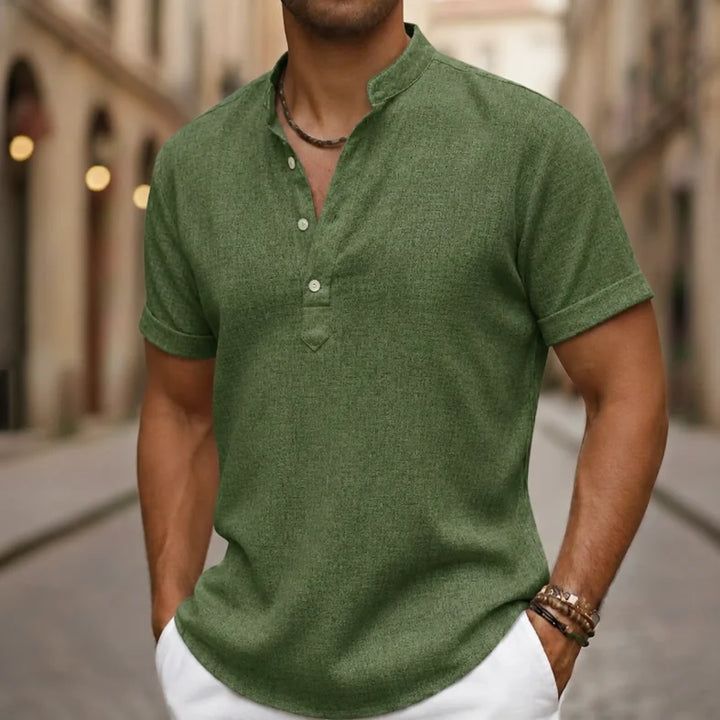 Front view of a lightweight men's short sleeve Henley polo shirt, perfect for summer comfort and style.