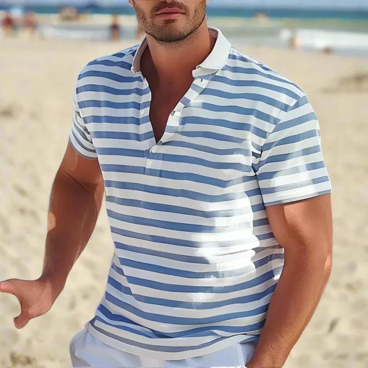 Men's short sleeve striped polo shirt. Casual summer top with classic stripes for everyday style.