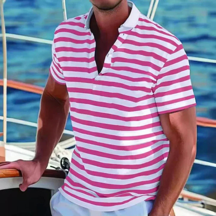 Men's striped short sleeve polo shirt. Versatile top featuring classic stripes, ideal for summer fashion.