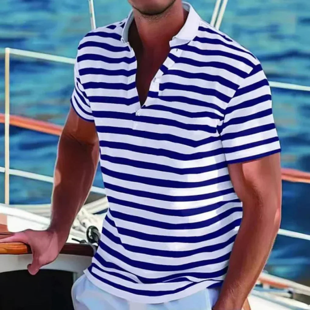 Man wearing a classic striped short sleeve polo shirt. Stylish & comfortable men's top for casual summer days.