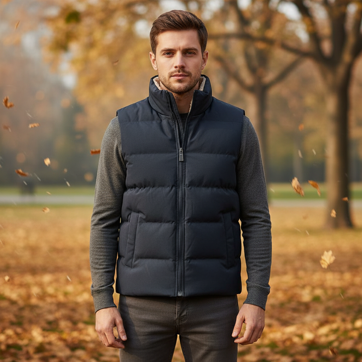 Men's Silas insulated puffer vest, ideal for cold weather outdoor activities, side view
