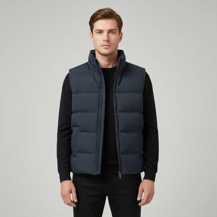 Front view of a men's warm puffer vest in Silas style, suitable for winter casual wear