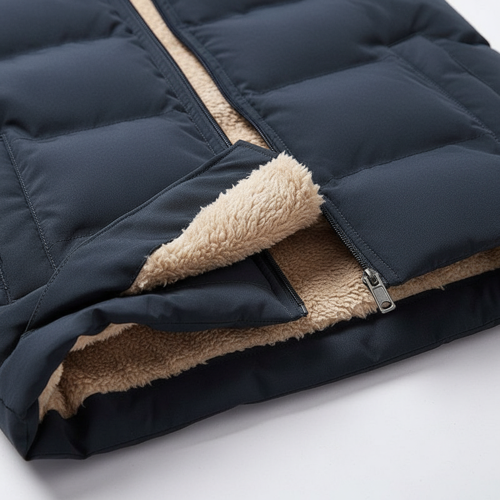 Close-up of fabric and insulation detail on a men's Silas gilet, perfect for layering