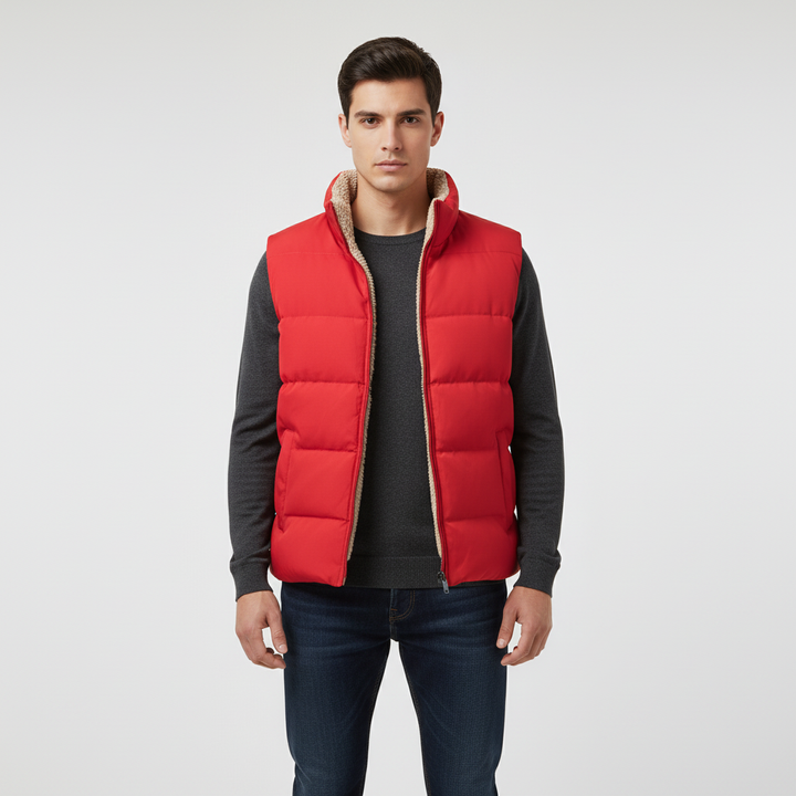 Back view of a men's winter vest, Silas puffer style, showcasing its outdoor outerwear design