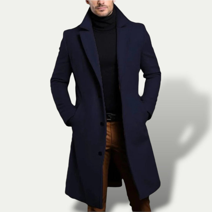 Men's single-breasted long trench coat. All-season smart outerwear, tailored and refined for a stylish look.