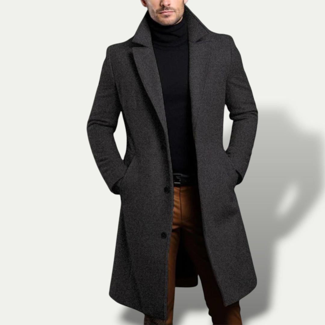 Stylish men's long single-breasted trench coat. Versatile all-season outerwear for formal or casual fashion.