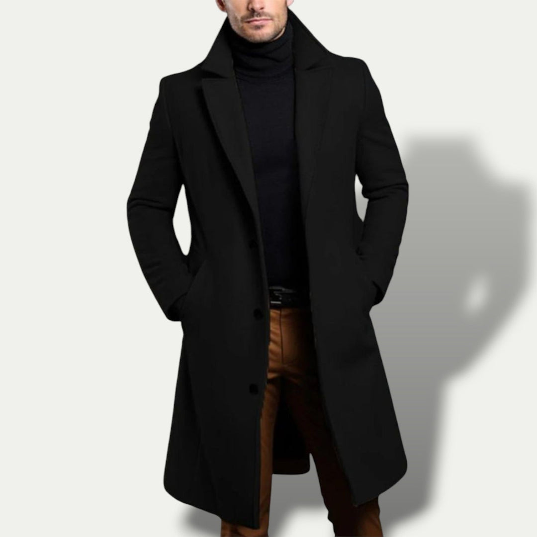 Elegant men's single-breasted long trench coat, ideal all-season outerwear for a smart, formal, or casual look.