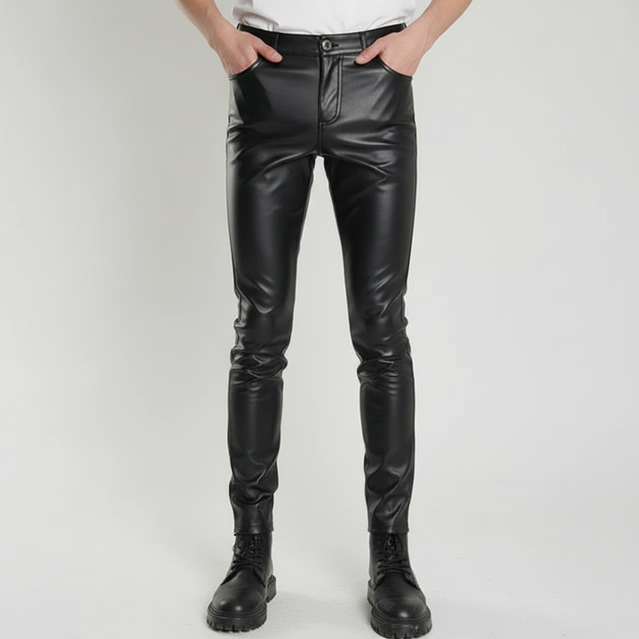 Stylish men's skinny fit faux leather pants, comfortable and versatile design