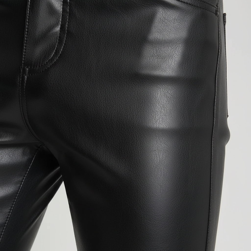 Close-up of men's faux leather trousers, showcasing texture and skinny fit
