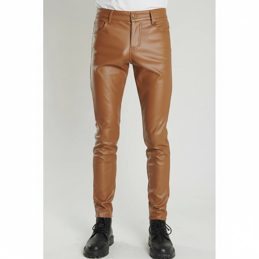 Back view of men's skinny fit faux leather trousers, highlighting pockets