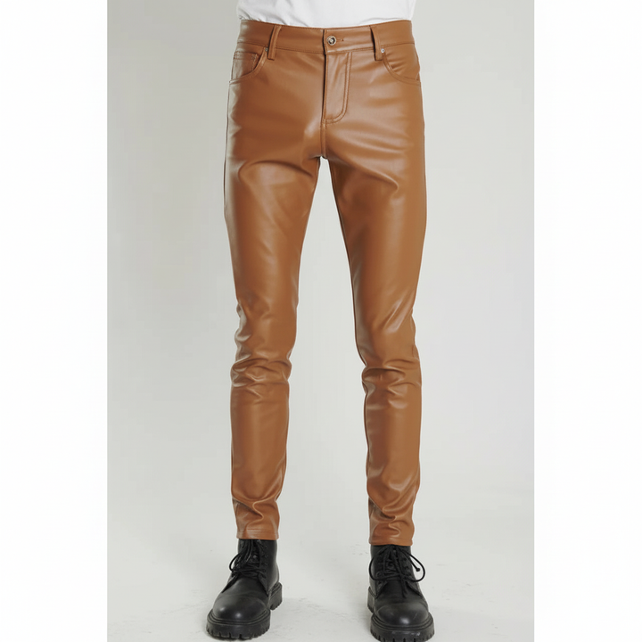 Back view of men's skinny fit faux leather trousers, highlighting pockets