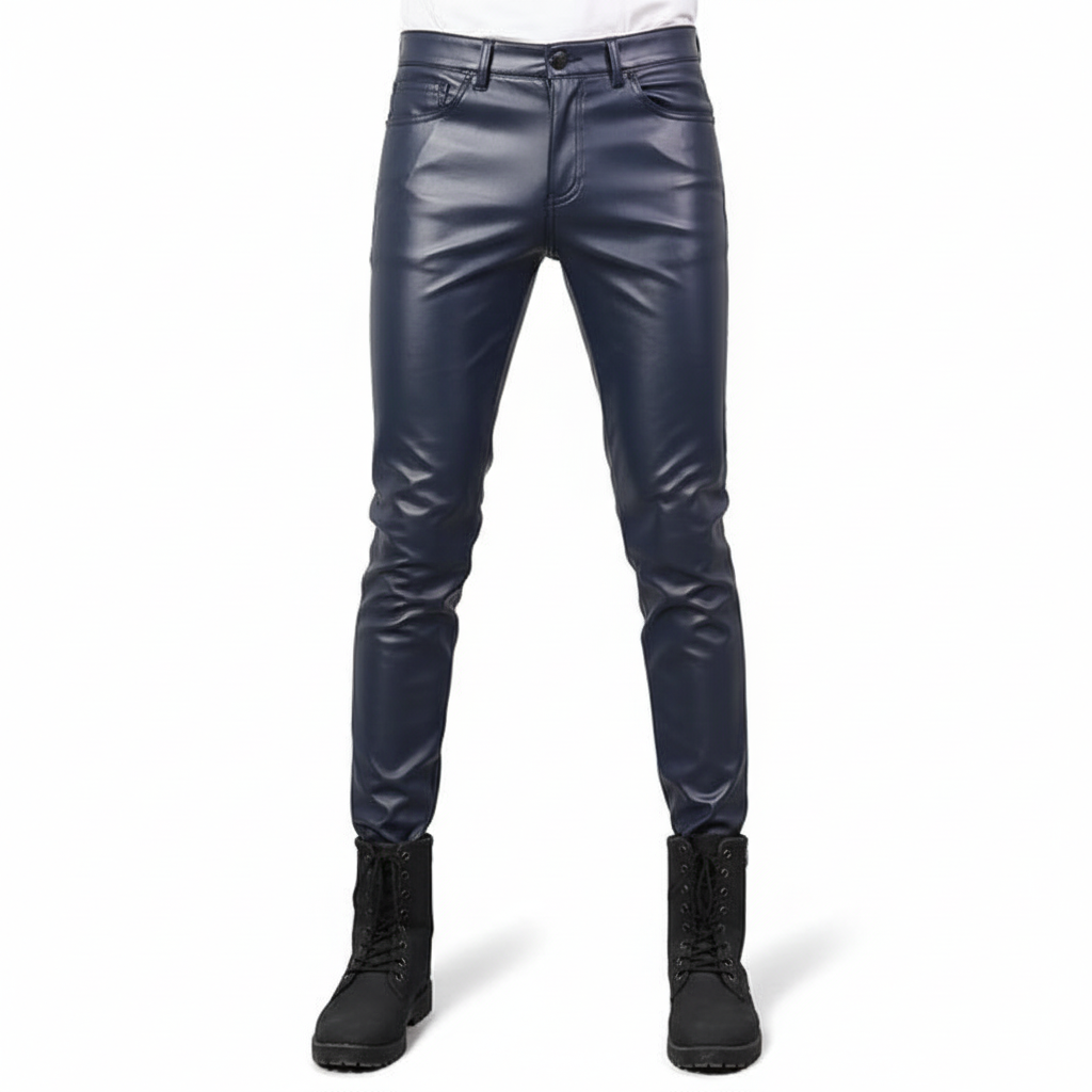 Men's black skinny fit faux leather pants, a modern and comfortable apparel choice