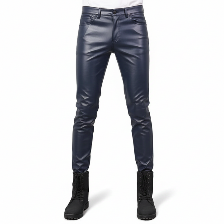 Men's black skinny fit faux leather pants, a modern and comfortable apparel choice