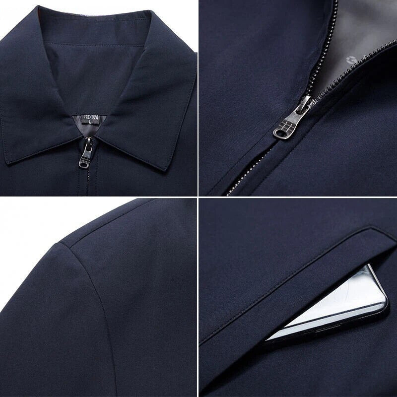 Casual men's navy bomber jacket, a comfortable outerwear piece for everyday fall and spring style.