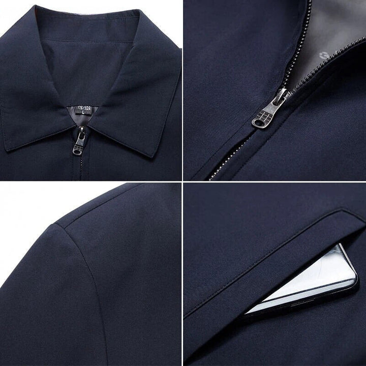 Casual men's navy bomber jacket, a comfortable outerwear piece for everyday fall and spring style.