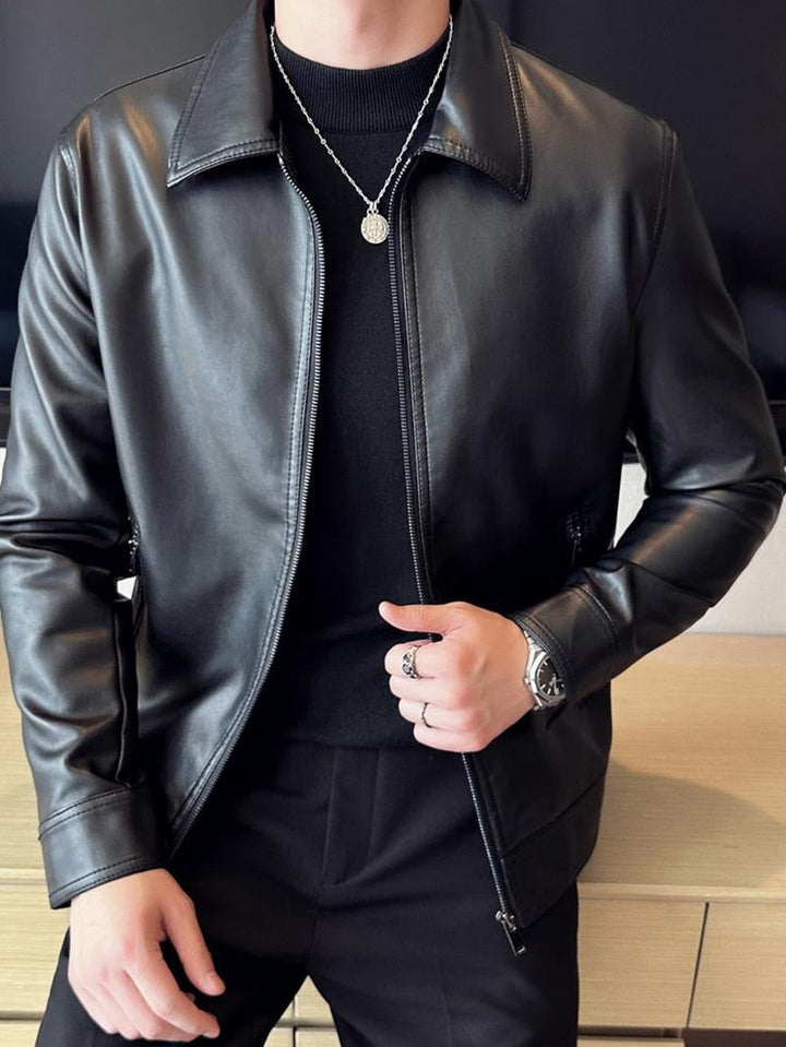 Men's sleek black moto jacket with stylish design, perfect for everyday fashion & a modern biker look.