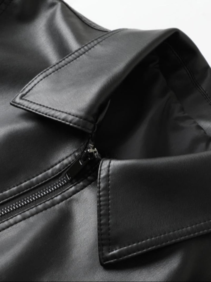 Stylish men's black leather moto jacket featuring a sleek design, ideal for a modern biker or casual look.