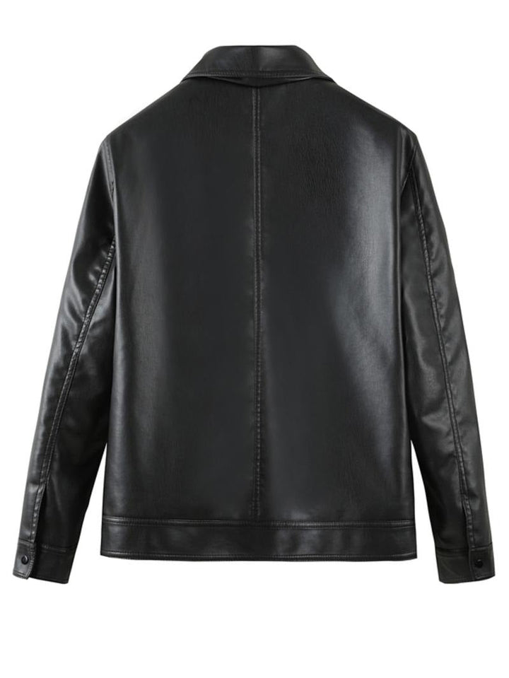 Fashionable men's sleek black outerwear, a versatile moto jacket for stylish everyday wear & cool biker vibe.