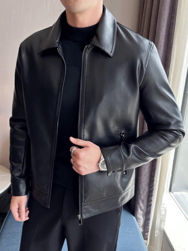 Sleek black men's moto jacket, a fashionable outerwear piece with a modern design for the stylish man.