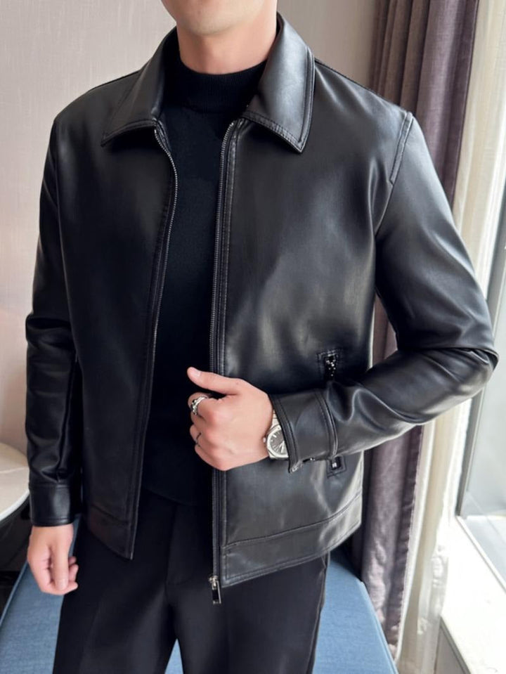 Sleek black men's moto jacket, a fashionable outerwear piece with a modern design for the stylish man.