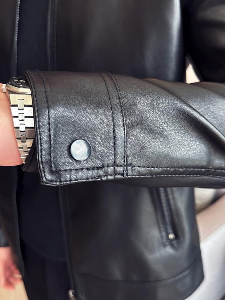 Men's stylish black moto jacket, sleek biker outerwear with a modern design for ultimate men's fashion.