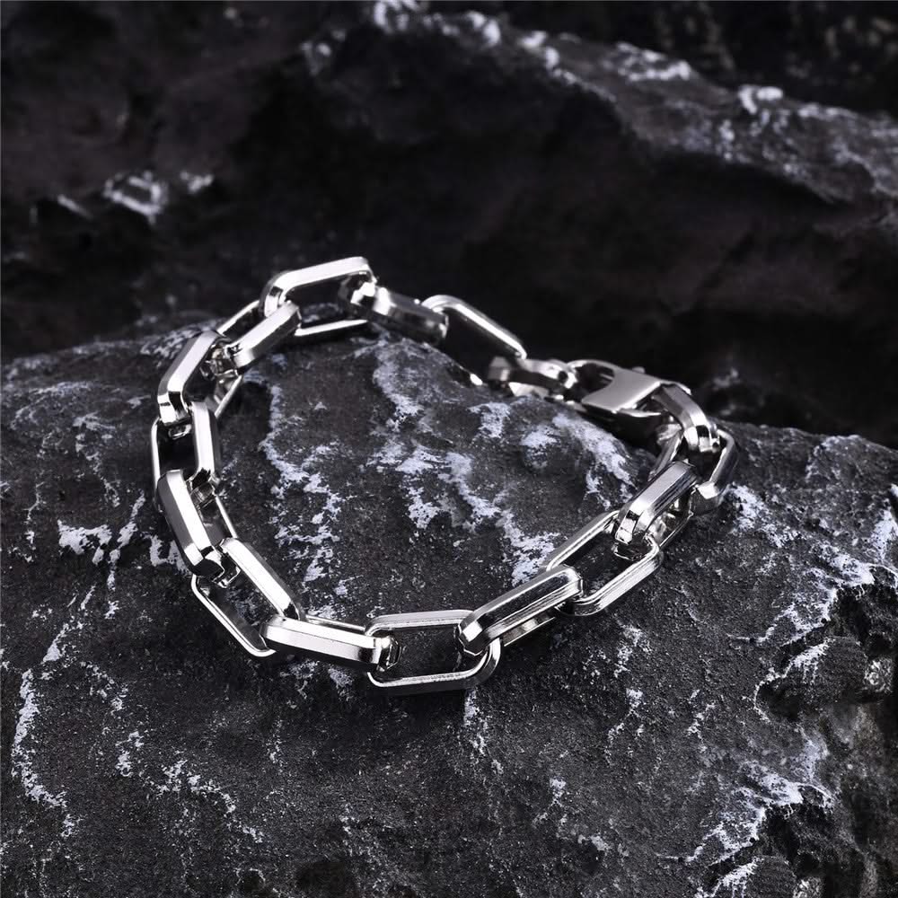 Silver men's chain link bracelet, durable & sleek design. A stylish, non-tarnishing accessory for modern men.
