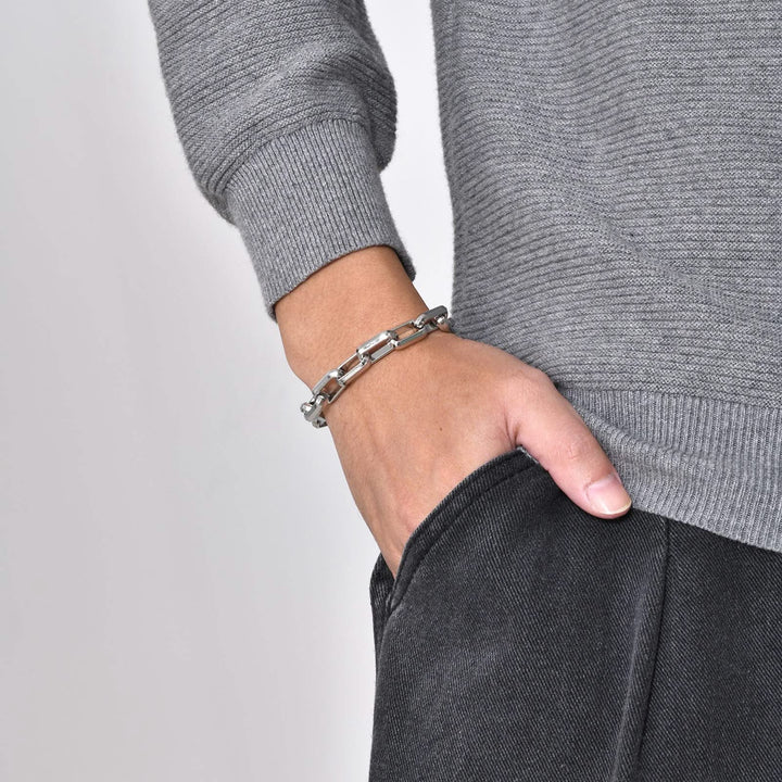 Gunmetal men's chain link bracelet, a black, sleek, non-tarnishing statement accessory for a bold look.